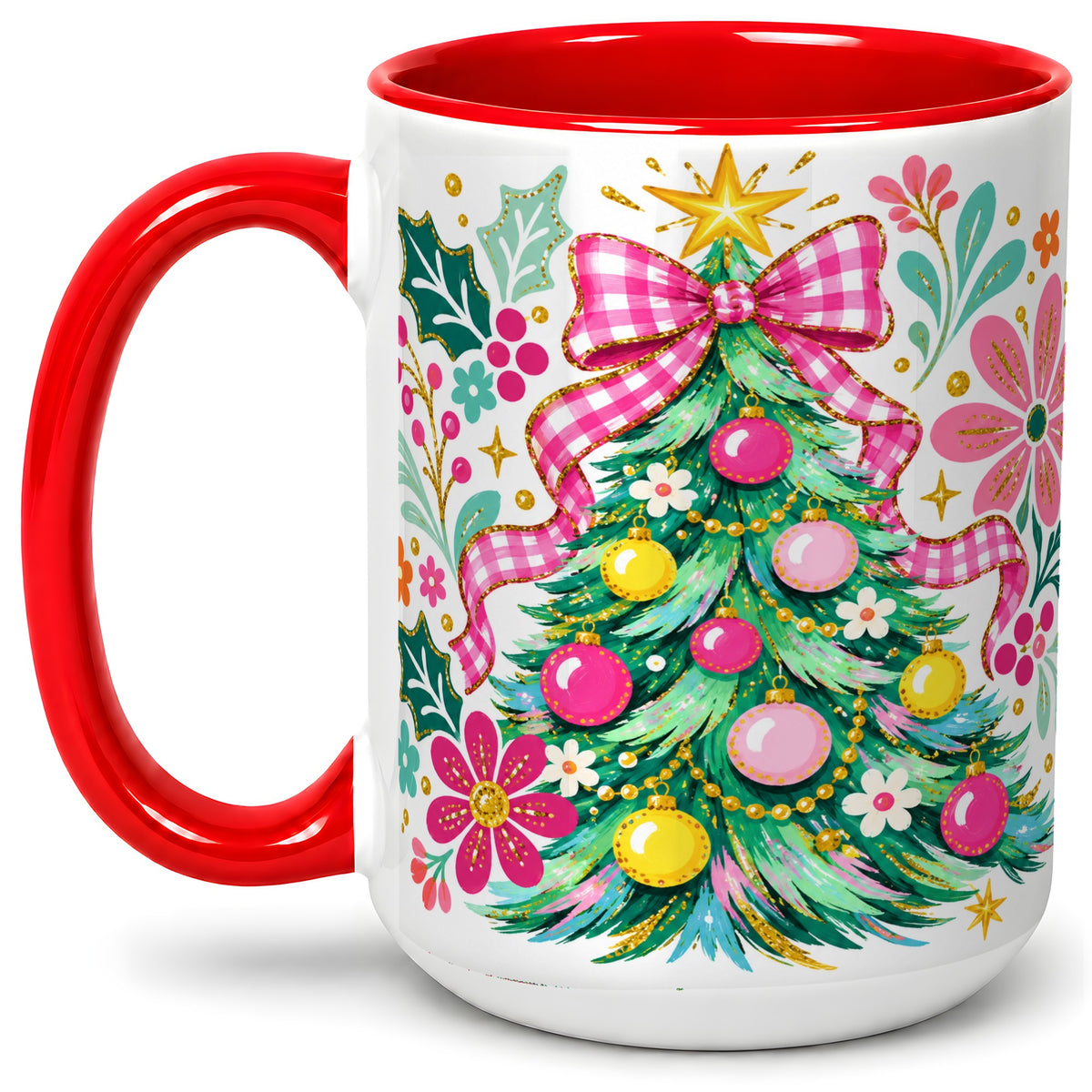 #pl[15oz|Red] Pink Gingham Christmas Tree Accent Mug, Ceramic Holiday Coffee Cup