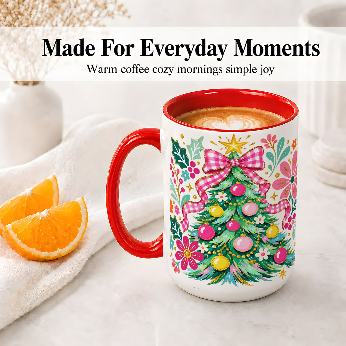 #pl[15oz|Red] Pink Gingham Christmas Tree Accent Mug, Ceramic Holiday Coffee Cup