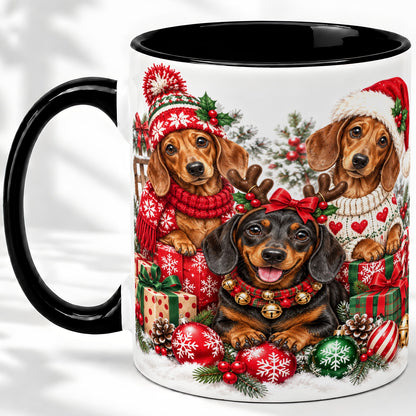 #pl[11oz|Black] Christmas Dachshund Dogs Accent Mug, Ceramic Cup for Dog Lovers
