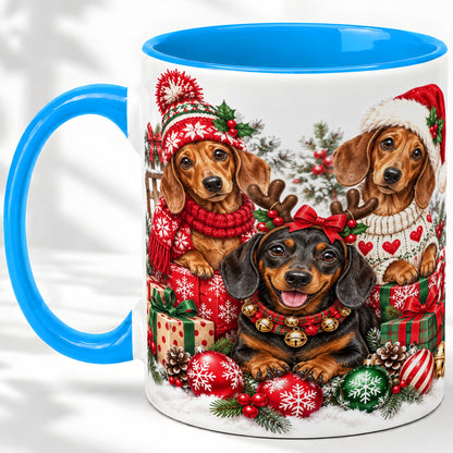 #pl[11oz|Blue] Christmas Dachshund Dogs Accent Mug, Ceramic Cup for Dog Lovers