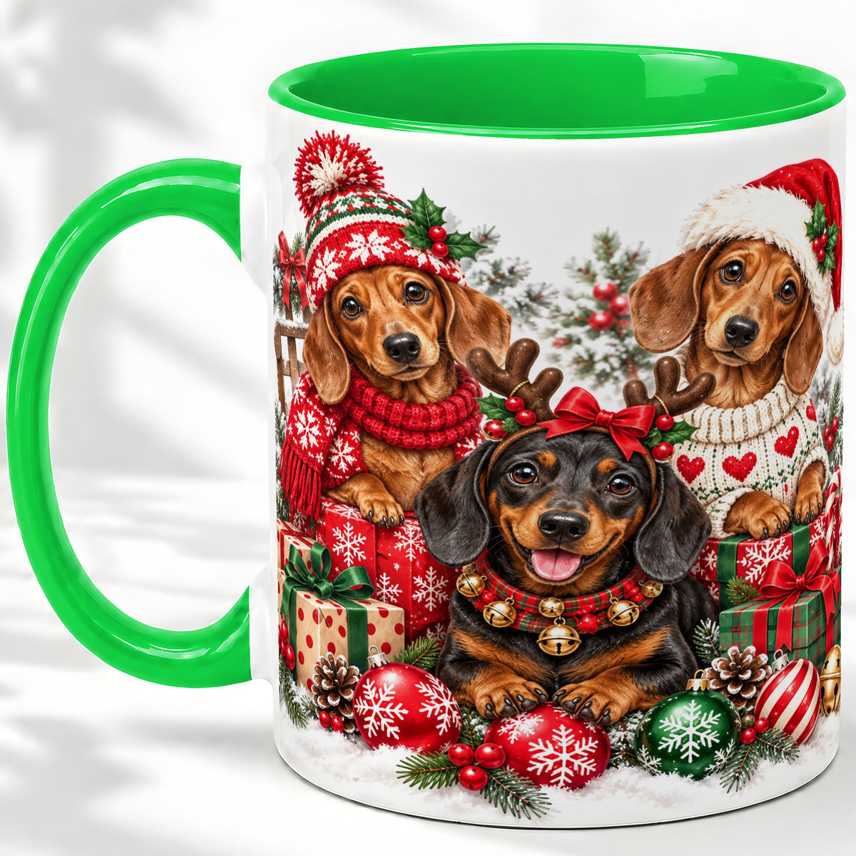 #pl[11oz|Green] Christmas Dachshund Dogs Accent Mug, Ceramic Cup for Dog Lovers