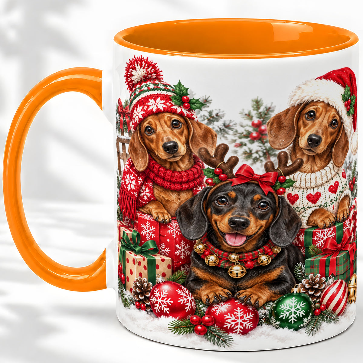 #pl[11oz|Orange] Christmas Dachshund Dogs Accent Mug, Ceramic Cup for Dog Lovers
