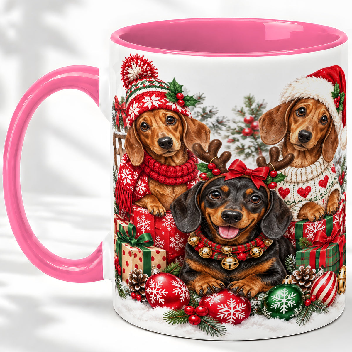 #pl[11oz|Pink] Christmas Dachshund Dogs Accent Mug, Ceramic Cup for Dog Lovers