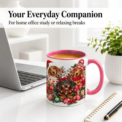 #pl[11oz|Pink] Christmas Dachshund Dogs Accent Mug, Ceramic Cup for Dog Lovers