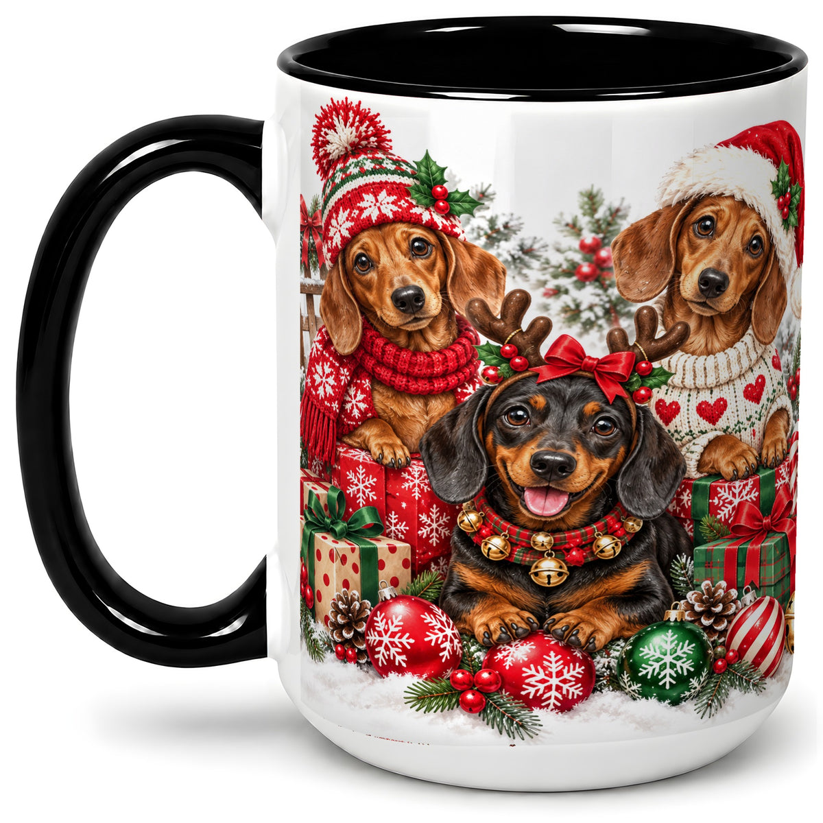 #pl[15oz|Black] Christmas Dachshund Dogs Accent Mug, Ceramic Cup for Dog Lovers