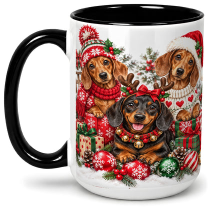 #pl[15oz|Black] Christmas Dachshund Dogs Accent Mug, Ceramic Cup for Dog Lovers