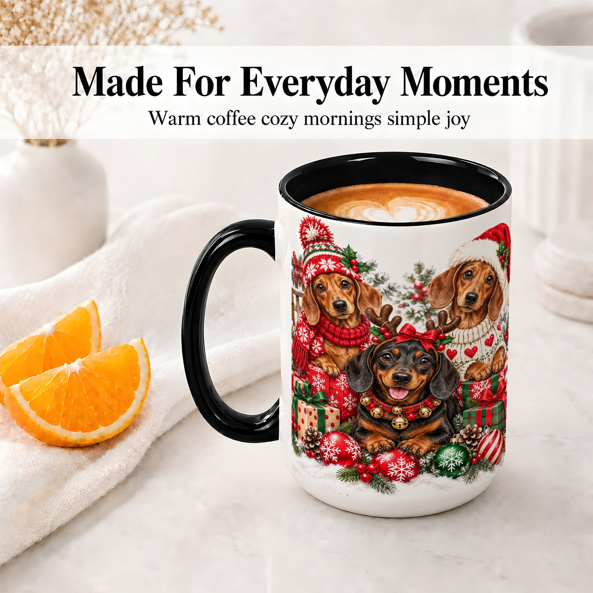 #pl[15oz|Black] Christmas Dachshund Dogs Accent Mug, Ceramic Cup for Dog Lovers