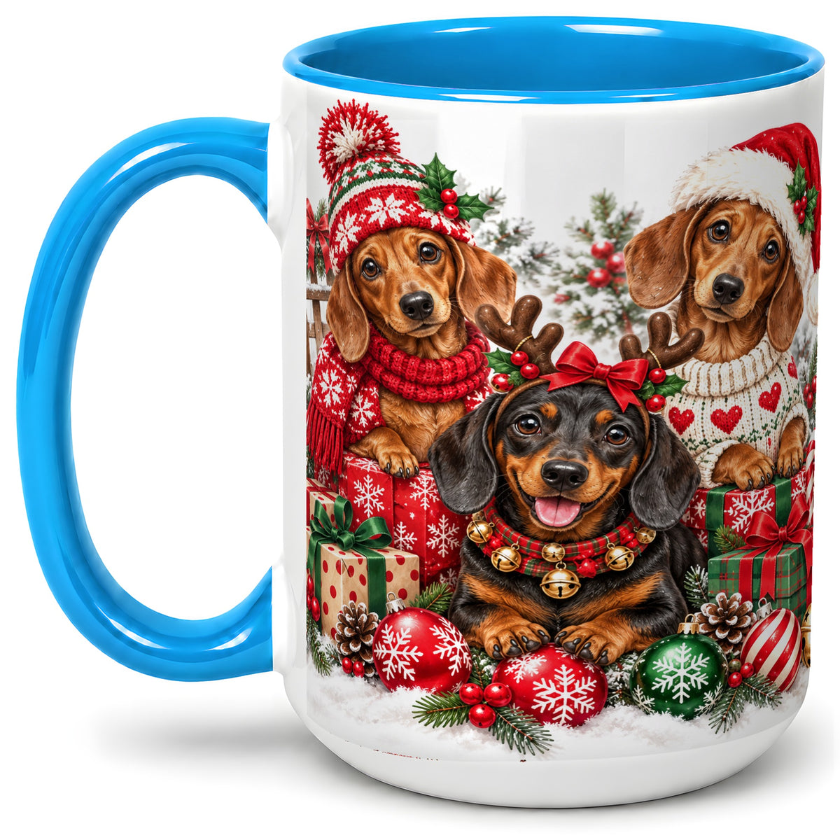 #pl[15oz|Blue] Christmas Dachshund Dogs Accent Mug, Ceramic Cup for Dog Lovers