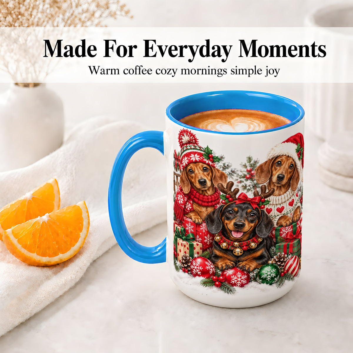 #pl[15oz|Blue] Christmas Dachshund Dogs Accent Mug, Ceramic Cup for Dog Lovers
