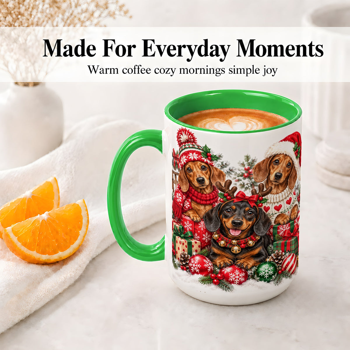 #pl[15oz|Green] Christmas Dachshund Dogs Accent Mug, Ceramic Cup for Dog Lovers