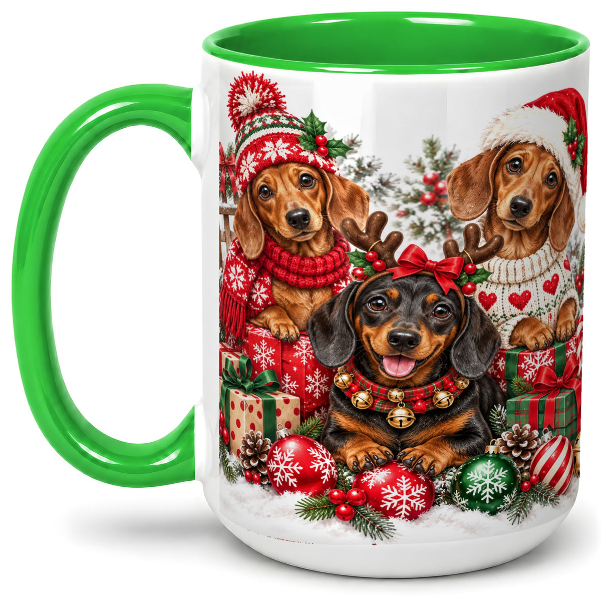 #pl[15oz|Green] Christmas Dachshund Dogs Accent Mug, Ceramic Cup for Dog Lovers