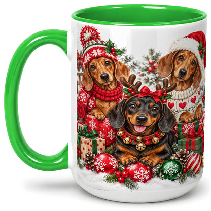 #pl[15oz|Green] Christmas Dachshund Dogs Accent Mug, Ceramic Cup for Dog Lovers