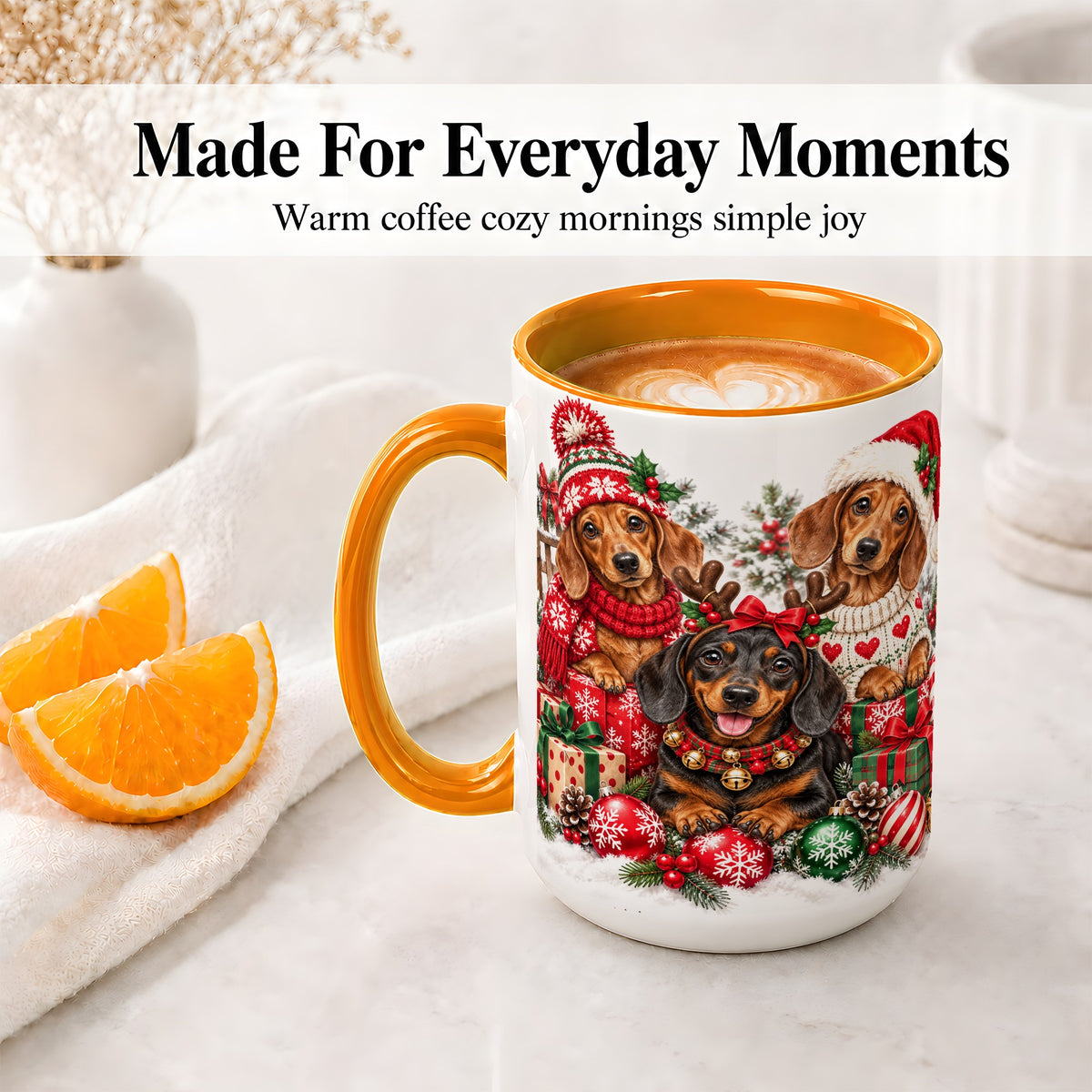 #pl[15oz|Orange] Christmas Dachshund Dogs Accent Mug, Ceramic Cup for Dog Lovers