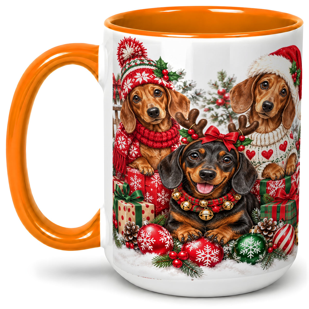 #pl[15oz|Orange] Christmas Dachshund Dogs Accent Mug, Ceramic Cup for Dog Lovers