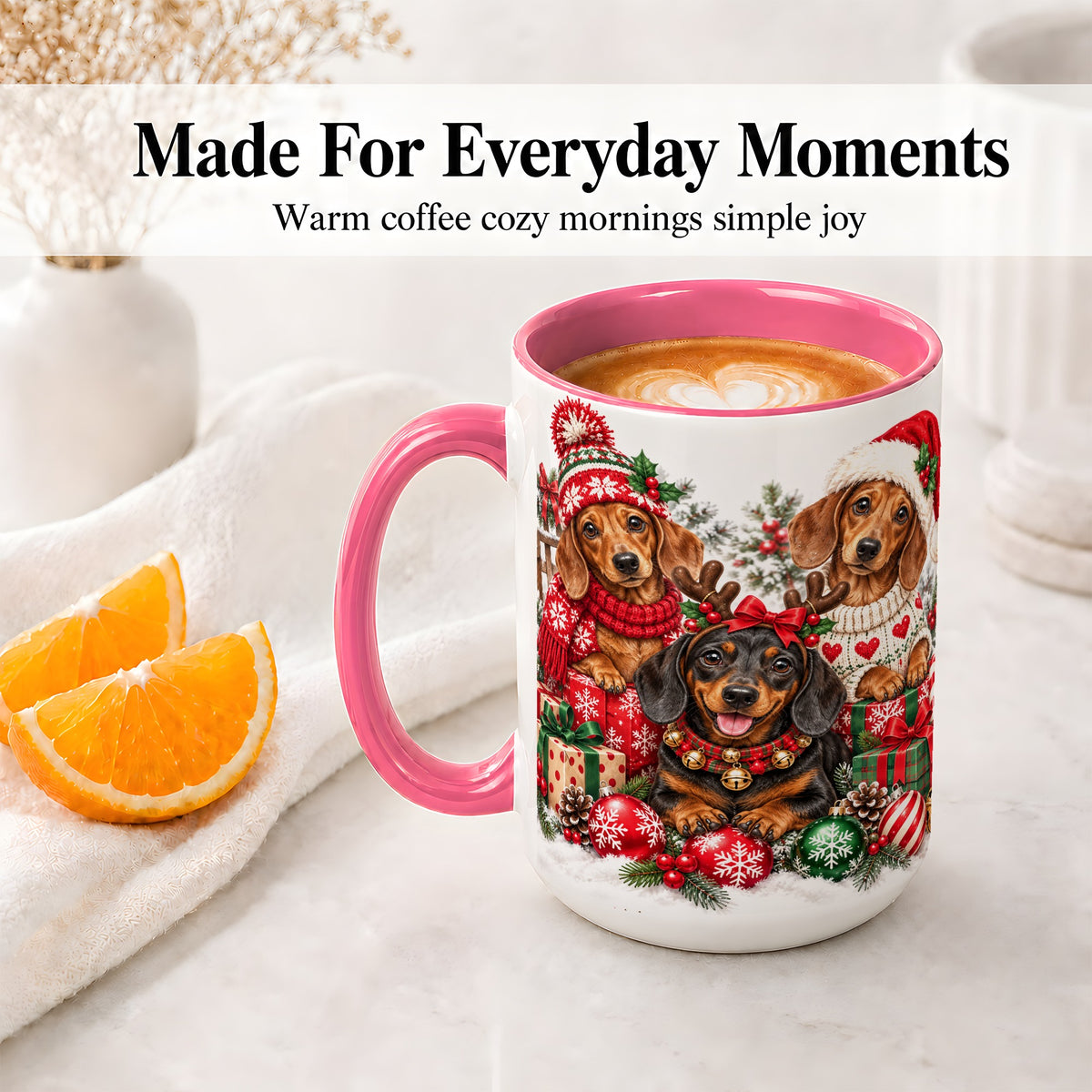#pl[15oz|Pink] Christmas Dachshund Dogs Accent Mug, Ceramic Cup for Dog Lovers