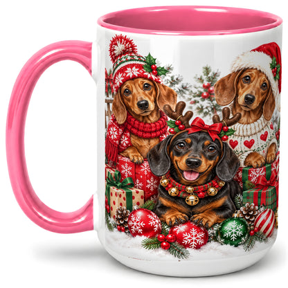 #pl[15oz|Pink] Christmas Dachshund Dogs Accent Mug, Ceramic Cup for Dog Lovers