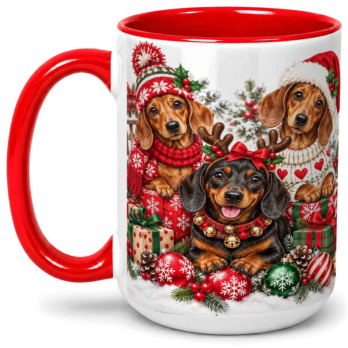 #pl[15oz|Red] Christmas Dachshund Dogs Accent Mug, Ceramic Cup for Dog Lovers