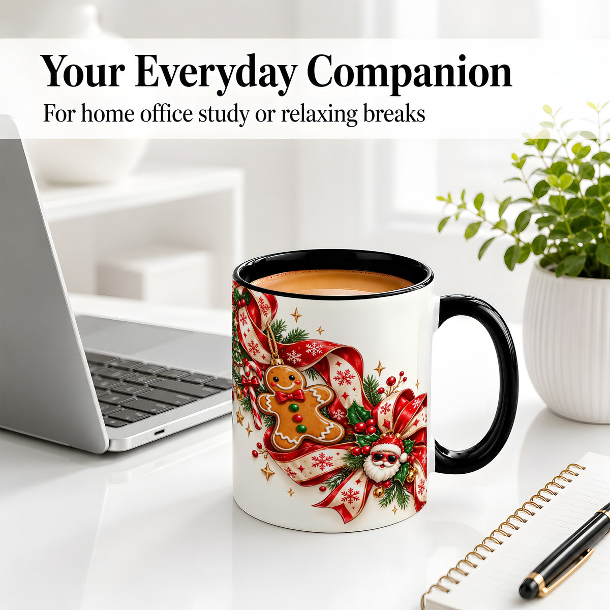 #pl[11oz|Black] Christmas Gingerbread Accent Mug, Ceramic Cup with Santa Ribbon