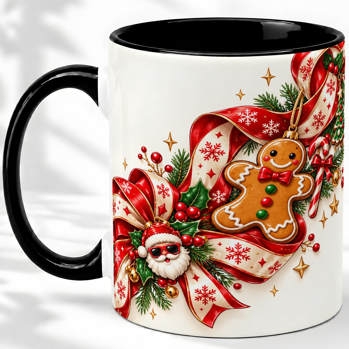 #pl[11oz|Black] Christmas Gingerbread Accent Mug, Ceramic Cup with Santa Ribbon