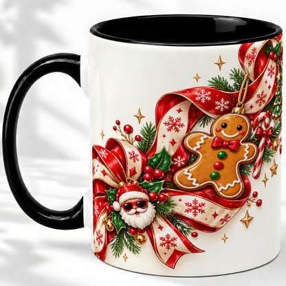 #pl[11oz|Black] Christmas Gingerbread Accent Mug, Ceramic Cup with Santa Ribbon