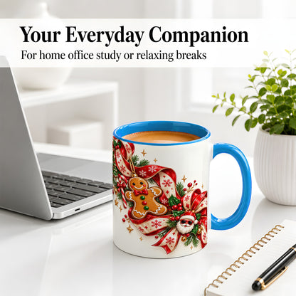 #pl[11oz|Blue] Christmas Gingerbread Accent Mug, Ceramic Cup with Santa Ribbon