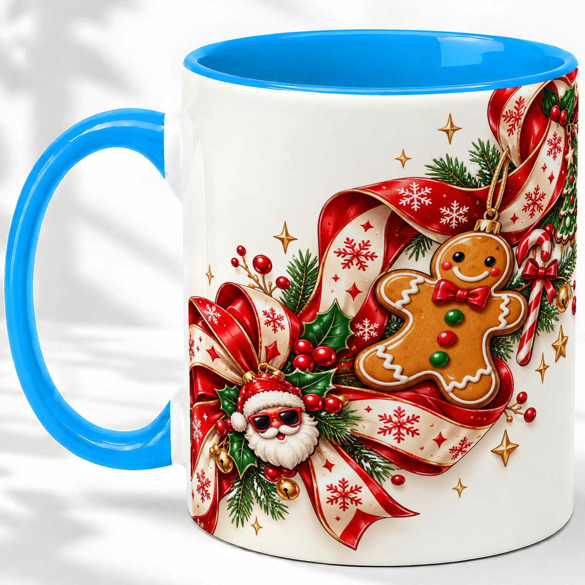 #pl[11oz|Blue] Christmas Gingerbread Accent Mug, Ceramic Cup with Santa Ribbon