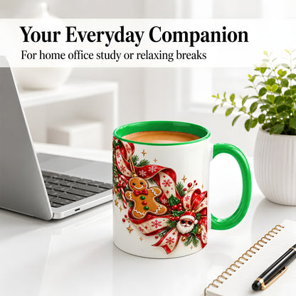 #pl[11oz|Green] Christmas Gingerbread Accent Mug, Ceramic Cup with Santa Ribbon