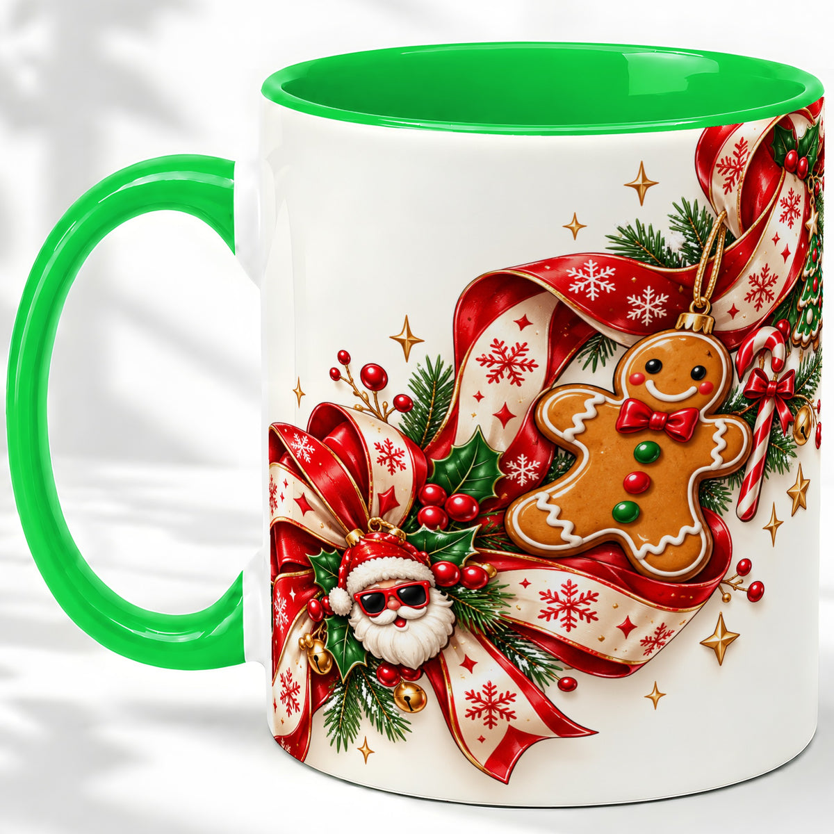 #pl[11oz|Green] Christmas Gingerbread Accent Mug, Ceramic Cup with Santa Ribbon