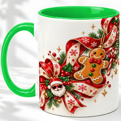 #pl[11oz|Green] Christmas Gingerbread Accent Mug, Ceramic Cup with Santa Ribbon