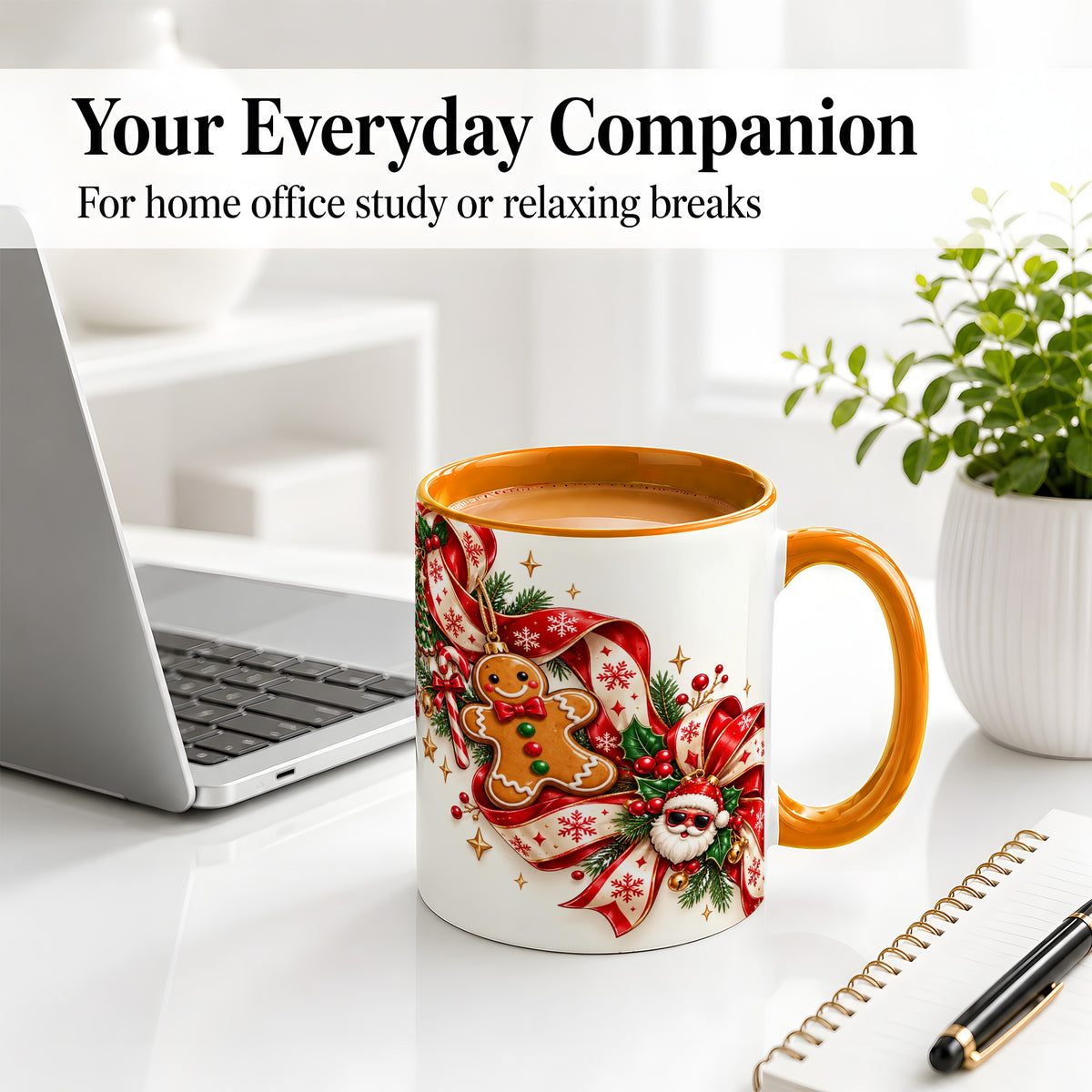 #pl[11oz|Orange] Christmas Gingerbread Accent Mug, Ceramic Cup with Santa Ribbon