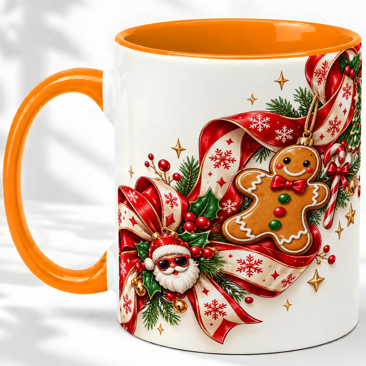 #pl[11oz|Orange] Christmas Gingerbread Accent Mug, Ceramic Cup with Santa Ribbon