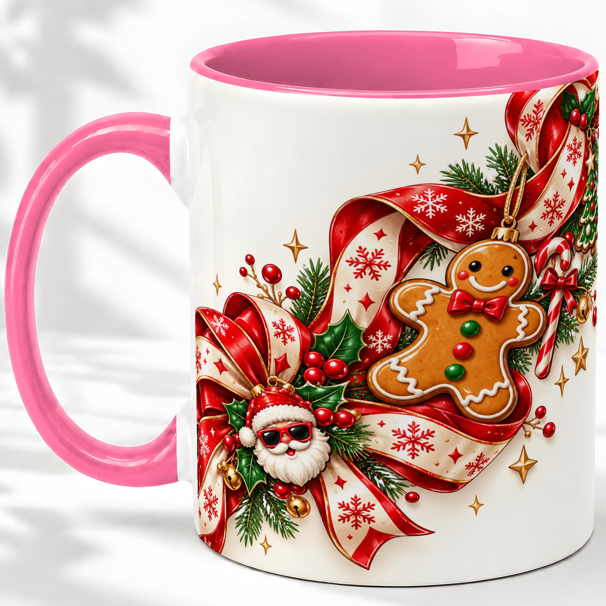 #pl[11oz|Pink] Christmas Gingerbread Accent Mug, Ceramic Cup with Santa Ribbon