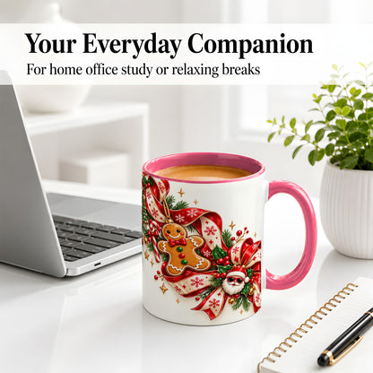 #pl[11oz|Pink] Christmas Gingerbread Accent Mug, Ceramic Cup with Santa Ribbon