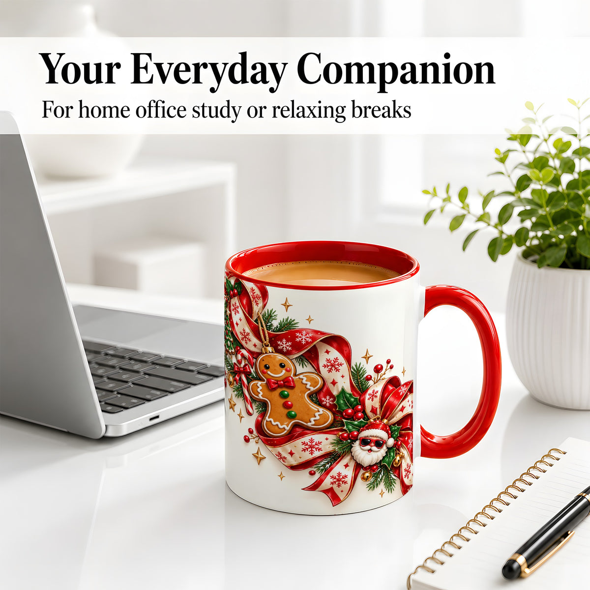 #pl[11oz|Red] Christmas Gingerbread Accent Mug, Ceramic Cup with Santa Ribbon