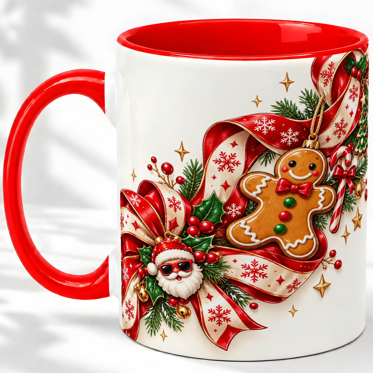 Christmas Gingerbread Accent Mug, Ceramic Cup with Santa Ribbon