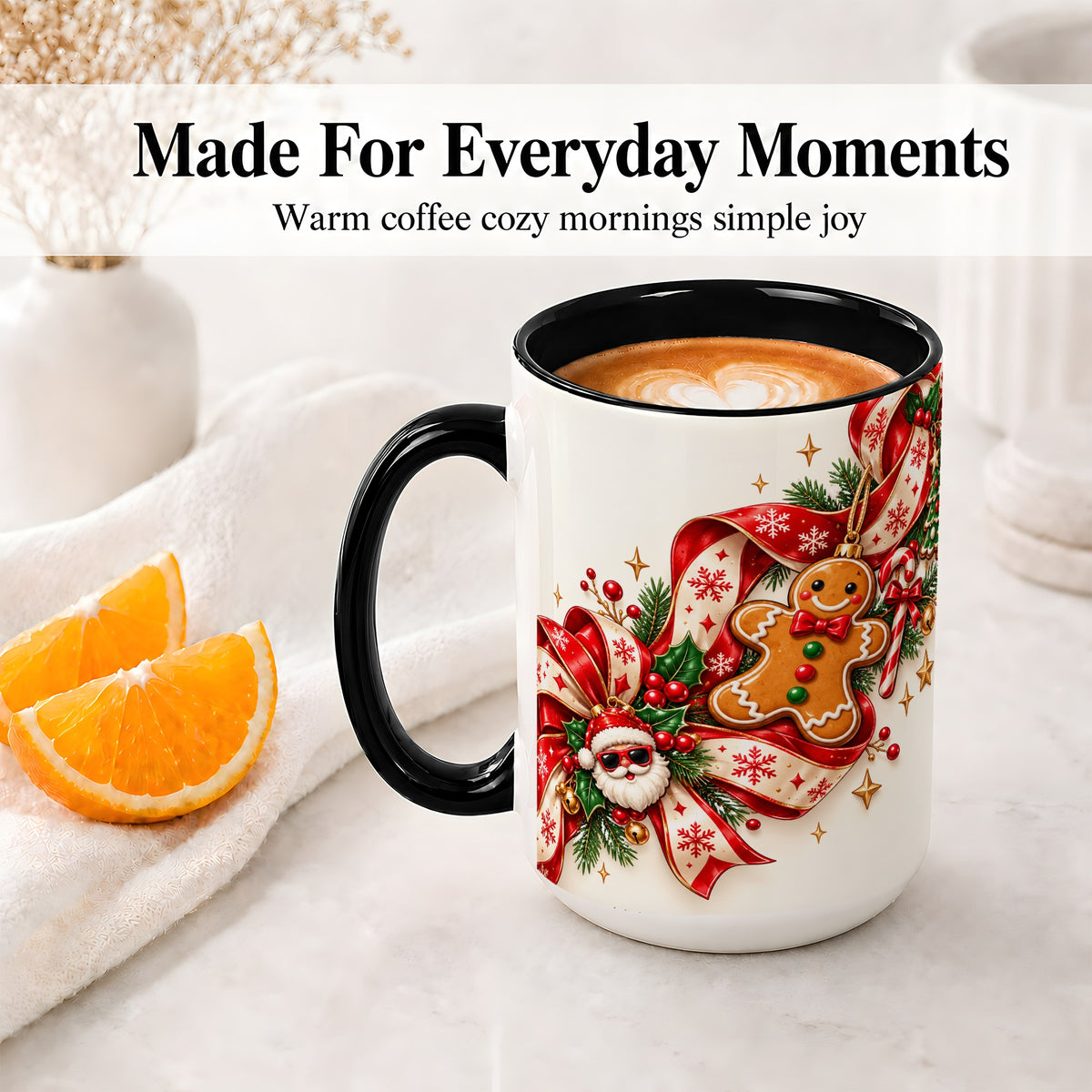 #pl[15oz|Black] Christmas Gingerbread Accent Mug, Ceramic Cup with Santa Ribbon