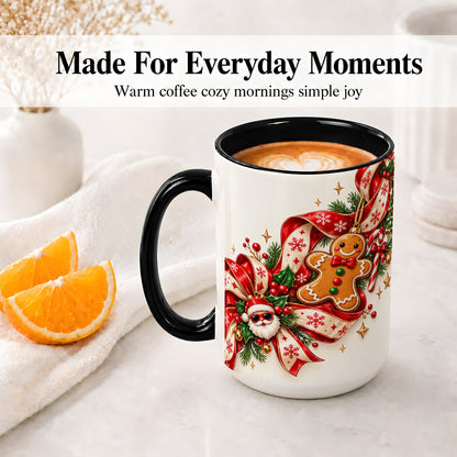 #pl[15oz|Black] Christmas Gingerbread Accent Mug, Ceramic Cup with Santa Ribbon