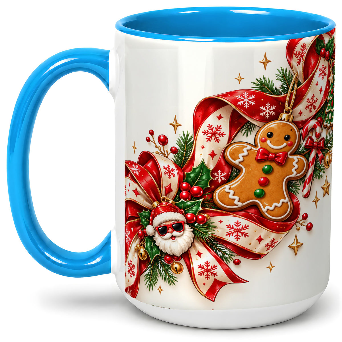 #pl[15oz|Blue] Christmas Gingerbread Accent Mug, Ceramic Cup with Santa Ribbon