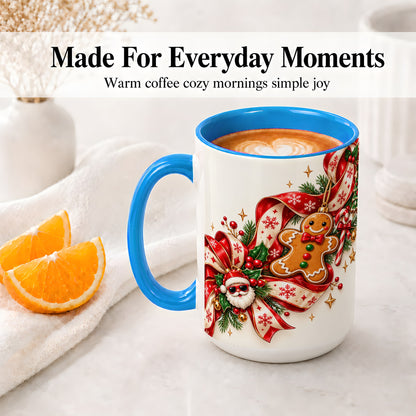 #pl[15oz|Blue] Christmas Gingerbread Accent Mug, Ceramic Cup with Santa Ribbon