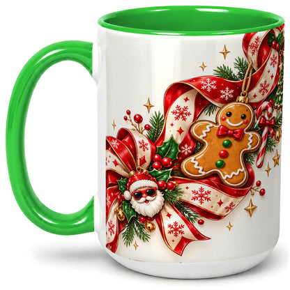 #pl[15oz|Green] Christmas Gingerbread Accent Mug, Ceramic Cup with Santa Ribbon