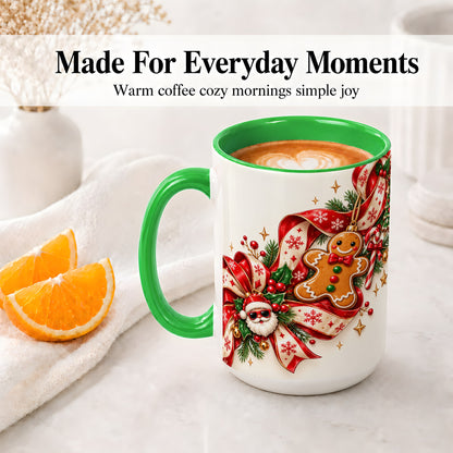 #pl[15oz|Green] Christmas Gingerbread Accent Mug, Ceramic Cup with Santa Ribbon