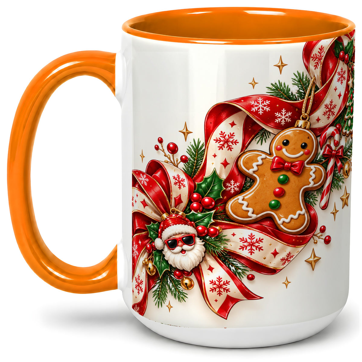 #pl[15oz|Orange] Christmas Gingerbread Accent Mug, Ceramic Cup with Santa Ribbon