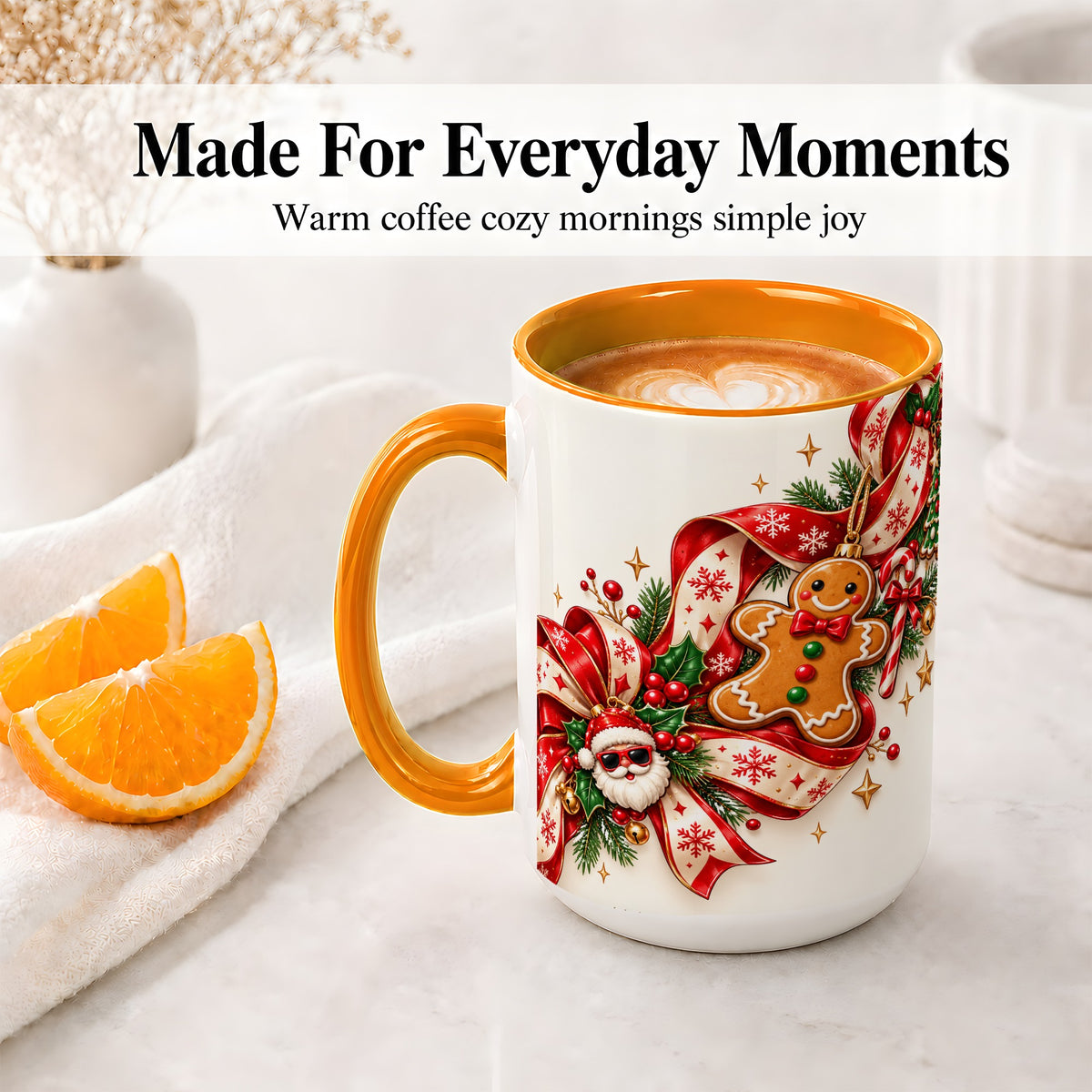 #pl[15oz|Orange] Christmas Gingerbread Accent Mug, Ceramic Cup with Santa Ribbon