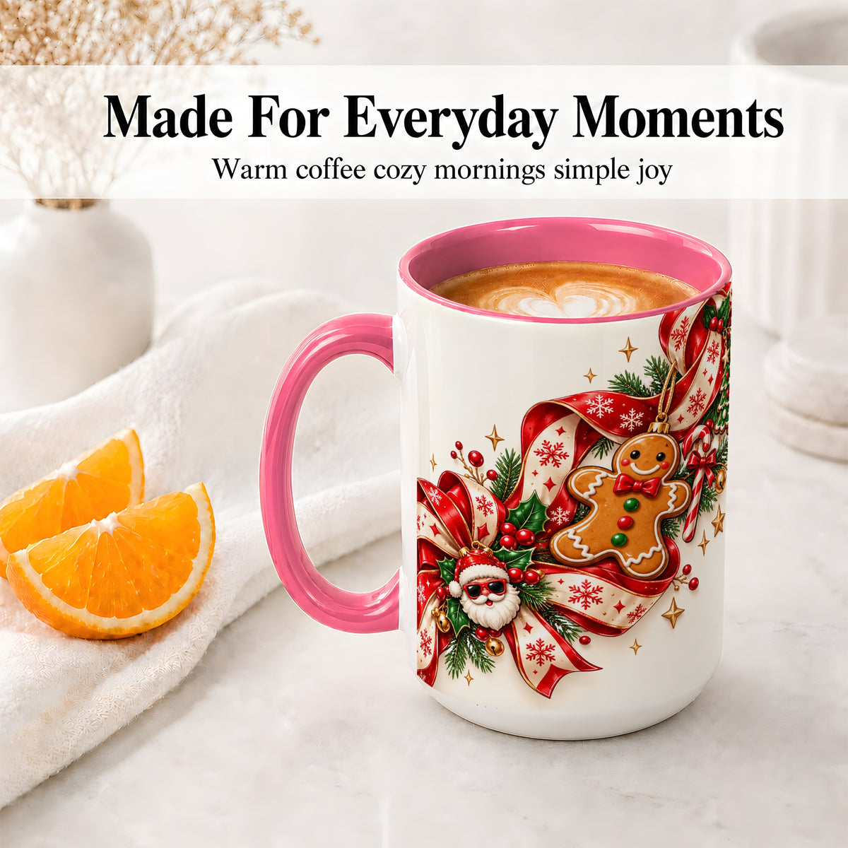 #pl[15oz|Pink] Christmas Gingerbread Accent Mug, Ceramic Cup with Santa Ribbon