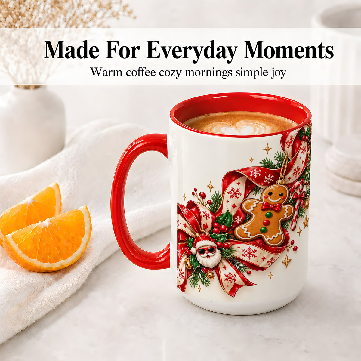 #pl[15oz|Red] Christmas Gingerbread Accent Mug, Ceramic Cup with Santa Ribbon