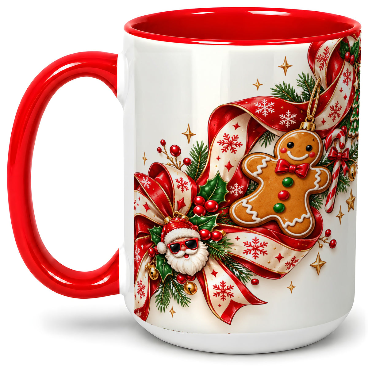 #pl[15oz|Red] Christmas Gingerbread Accent Mug, Ceramic Cup with Santa Ribbon