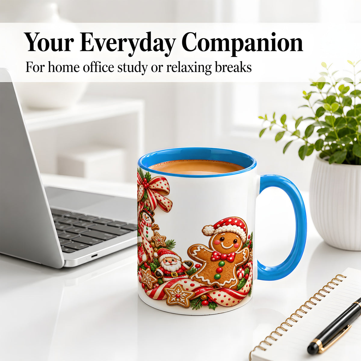 #pl[11oz|Blue] Christmas Gingerbread Accent Mug, Ceramic Cup with Holiday Cookies