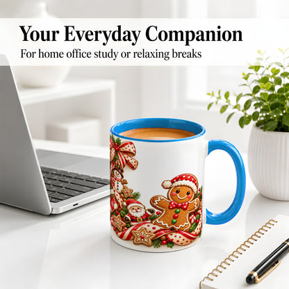 #pl[11oz|Blue] Christmas Gingerbread Accent Mug, Ceramic Cup with Holiday Cookies