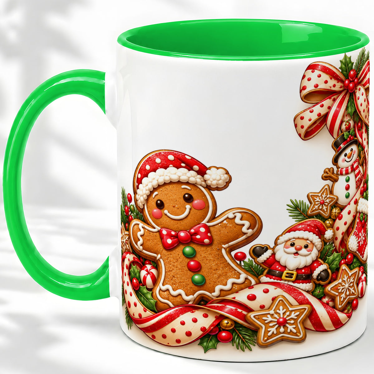 #pl[11oz|Green] Christmas Gingerbread Accent Mug, Ceramic Cup with Holiday Cookies