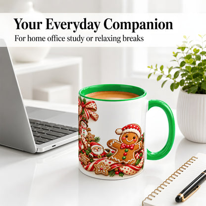 #pl[11oz|Green] Christmas Gingerbread Accent Mug, Ceramic Cup with Holiday Cookies
